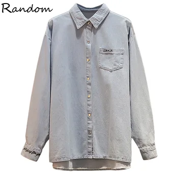 

Women Demin Vintage Blouse Letter Embroidery Autumn Solid Blue BF Shirt Loose Oversizd Outwear Harajuku Female 2020 Chic New Top