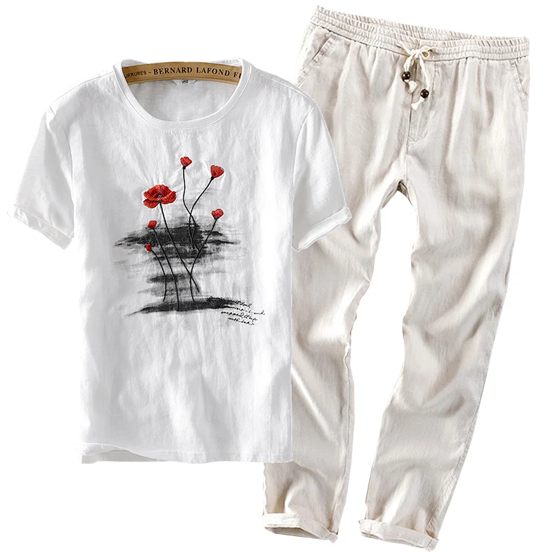 Popular 2019 Sinicism Fashion Men's summer cotton linen movement suits/Male slim embroidery Leisure T-shirt+Pants/two-piece Tops S-3XL