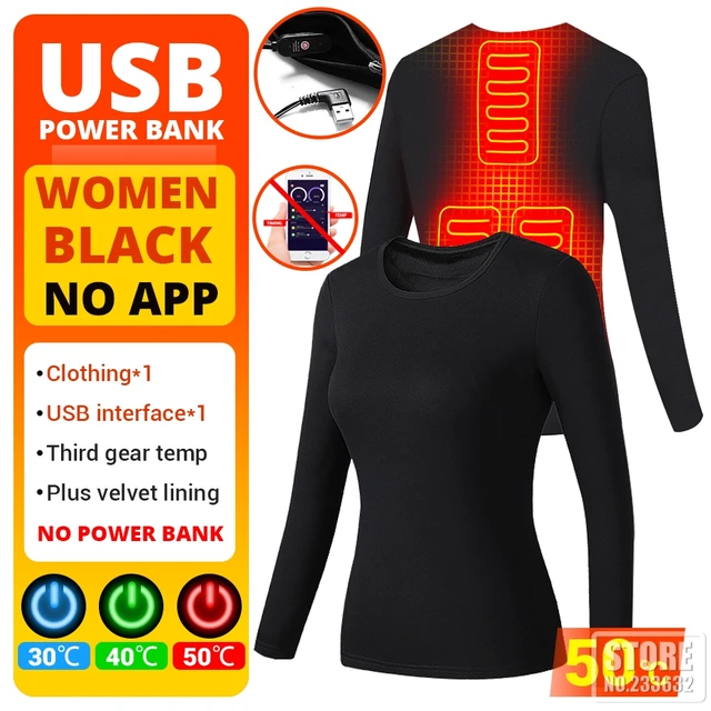 Winter Heated Underwear Suit Smart Phone APP Control Temperature USB Battery Powered  Fleece Thermal Motorcycle Jacket NEW 3 Area Women Black