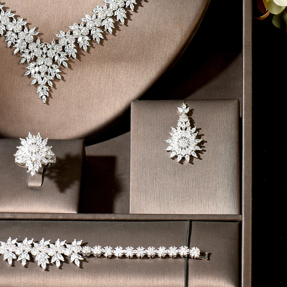 HIBRIDE Geometric Sparkling Fancy White Cubic Zirconia Necklace Earrings Set for Women Dubai White Color Bridal Jewelry N-1837 - Image 3