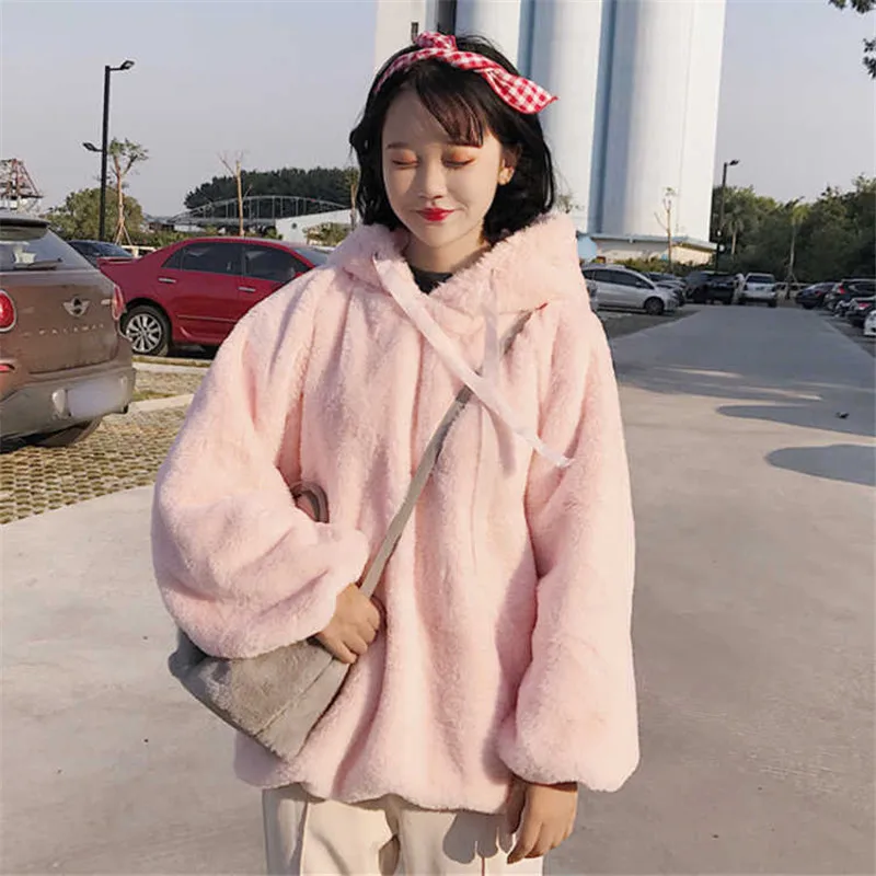 

Kawaii Women Hoodies White Pink Winter Loose Warm Hoodie Hooded Kawaii Outerwear Coat Autumn Long Sleeve Cute Sweatshirt Girls