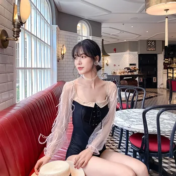 

Swimsuit One Piece Bikinis Female 2019 1 Women Korean Swimsuits Woman Long Sleeve Sexy Push Up Lace Hot Bathing Suit Solid
