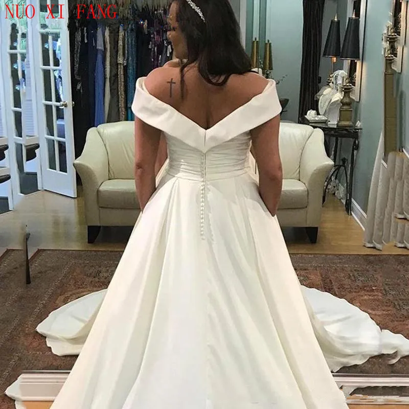 Simple Off The Shoulder Satin Wedding Dress 2020 with Pockets Sweep Train vestido de noiva Wedding Bridal Gowns suknia slubna