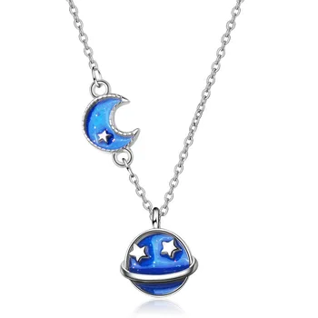 

100% 925 Sterling Silver Trendy Blue Moon & Star Ladies Pendant Necklaces Promotion Jewelry Women Short Choker Chains No Fade