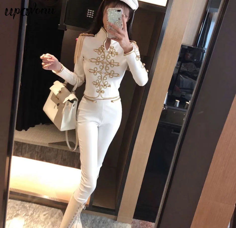 New Autumn And Winter Ladies Club Bandage Suit Black White Fringed Shirt And Pants 2 Pieces Two-Piece Club Party Suit
