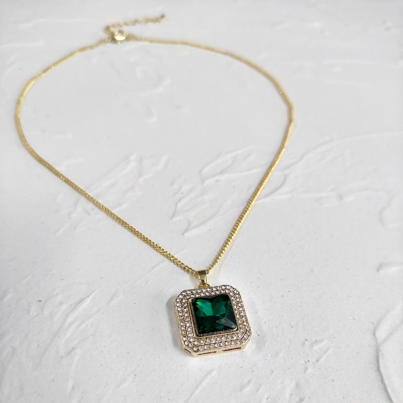 Peri'sBox Square Green Crystal Necklaces Rhinestone Geometric Pendant Necklaces for Women Box Vintage Necklace 2020 Jewelry Hot - Image 5