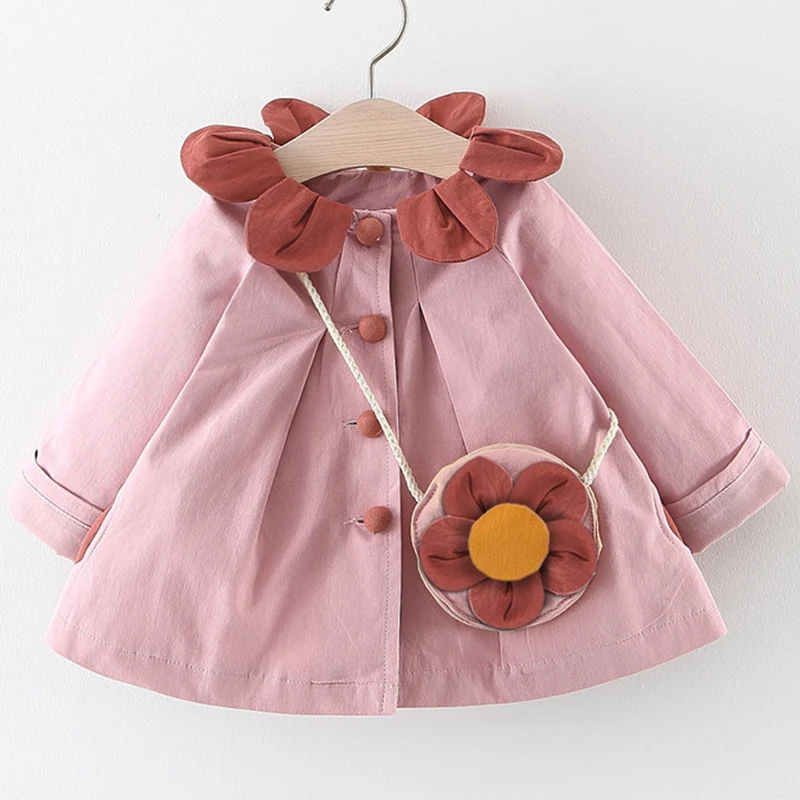 Осенняя одежда для маленьких девочек платье принцессы с воротником-лепестком, пальто на пуговицах с длинными рукавами+ сумка с цветочным рисунком, платья для малышей