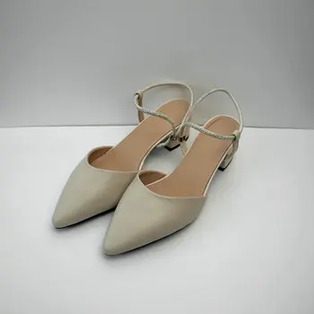 

Genuine Leather Female Mules Pointed Toe Chunky Heel Comfor Elegant Sandals Single Shoes 2020 Spring and Autumn Black Beige 34-4