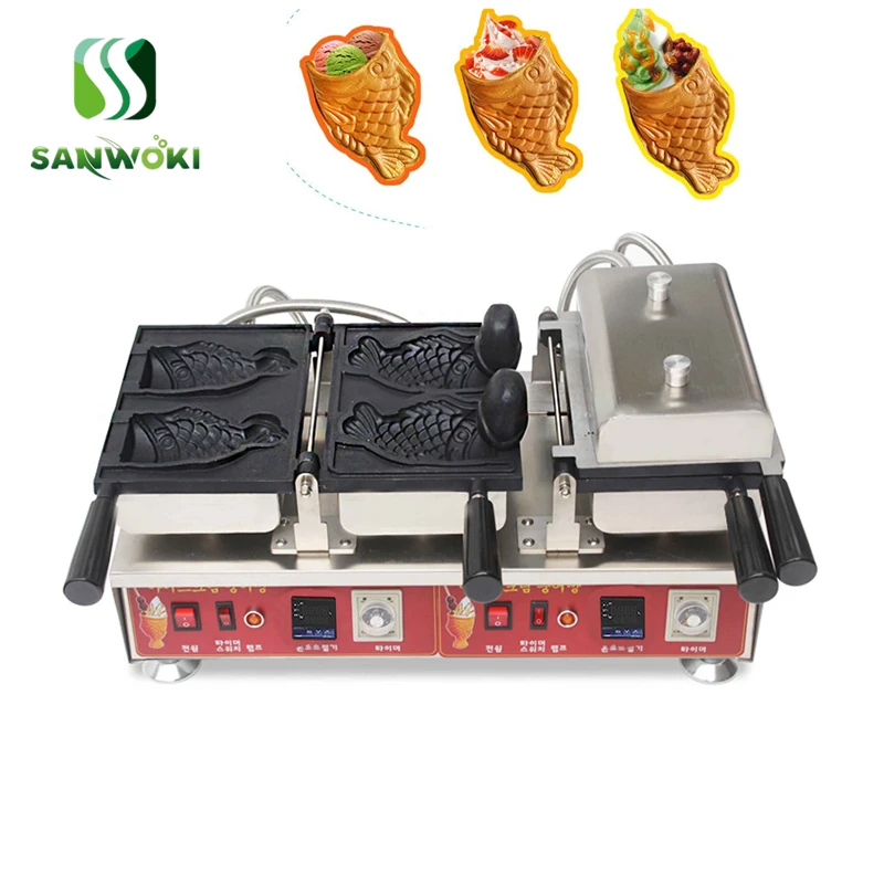 

4pcs Flip Taiyaki Machine Open mouth ice cream taiyaki machine taiyaki pan fish taiyaki fish shape waffle cone maker machine