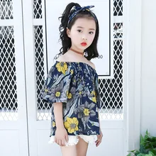 Винтажное платье с открытыми плечами для девочек; платье принцессы с цветочным рисунком; свободное платье с рисунком; летнее Короткое мини-платье с короткими рукавами для подростков; AA51766