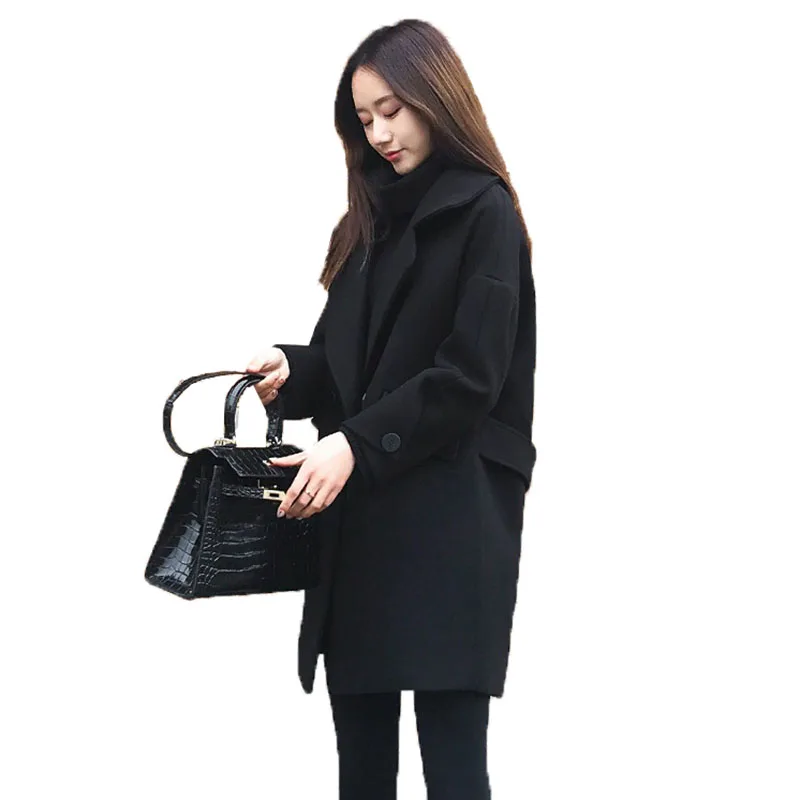 

Fashion Black Woolen Jacket Elegant Women's Woolen Blend Coat Korean Style Loose Autumn Winter Casual Coats Female Outerwear
