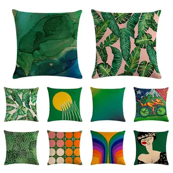 

Tropical rainforest leaf cushion cover cartoon small dinosaur pillow cover linen car chair sofa fashion home decoration 45x45cm