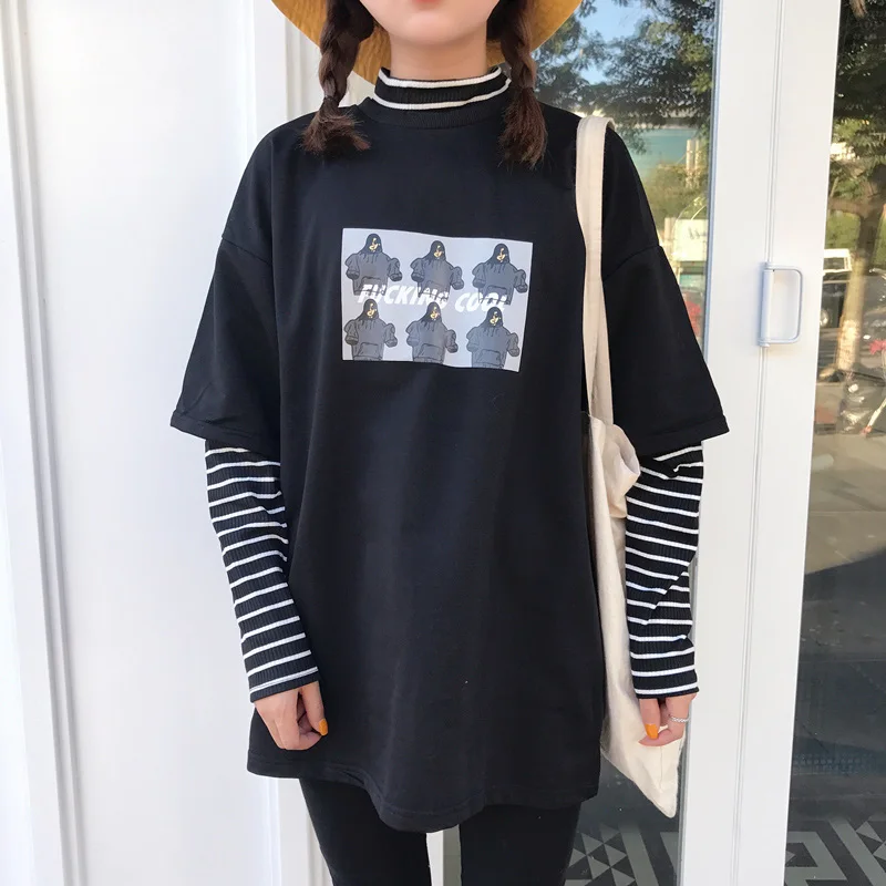 Harajuku/футболка с длинными рукавами, Весенняя новинка, kpop, Женский Топ, ulzzang, свободная, дикая, повседневная, с высоким воротом, поддельная, из двух частей, футболка, S-2XL - Цвет: Sky blue