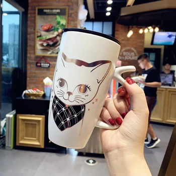 

Large Capacity Cute Cat Cartoon Ceramic Mug Creative Milk Coffee Mugs with Lid Spoon Straw 600ml Office Family Juice Travel Cups