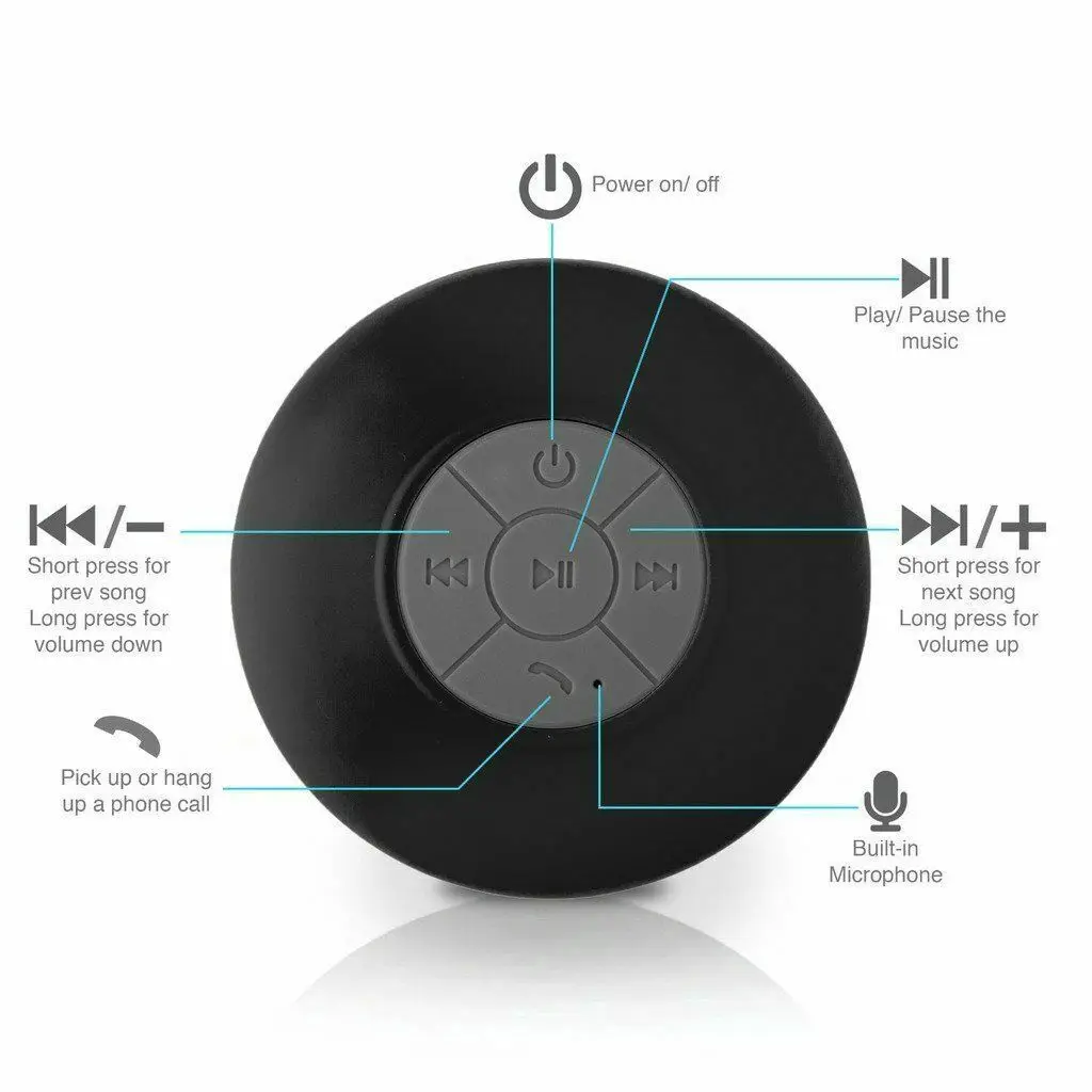 Black Водонепроницаемый Bluetooth беспроводной Душ динамик Портативный hands-free музыка Микрофон всасывания для душа, ванной комнаты, автомобиля, пляжа и Outdo - Название цвета: Black