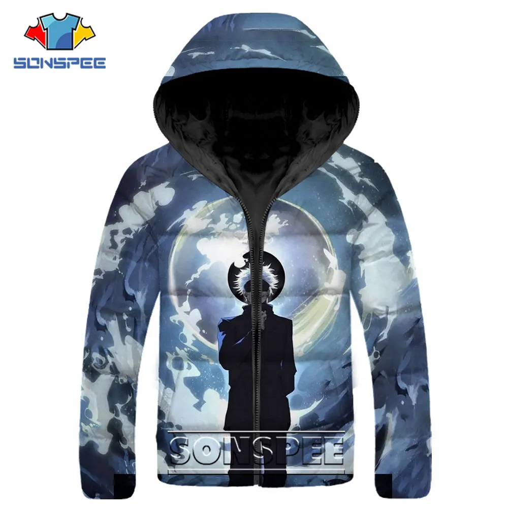 SONSPEE Anime Jujutsu Kaisen Printed Coat Men's Winter Jacket Hooded Fashion Parka Men Down Jacket Casual Thicken Warm Overcoat