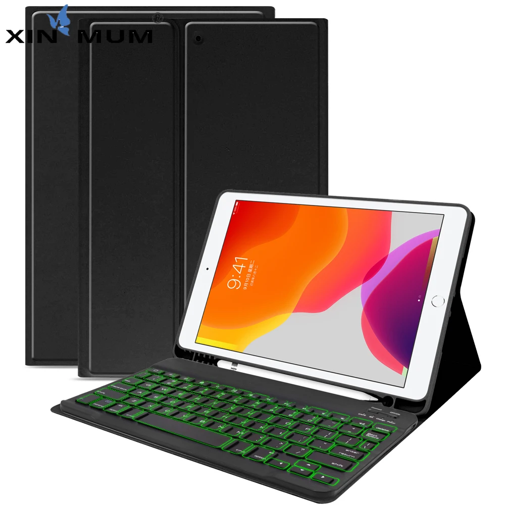 

English Tablet Bluetooth Keyboard For iPad 10.2 2019 7-Colors Backlit Keyboard with Silicone PU Leather Protective Case Pen Slot