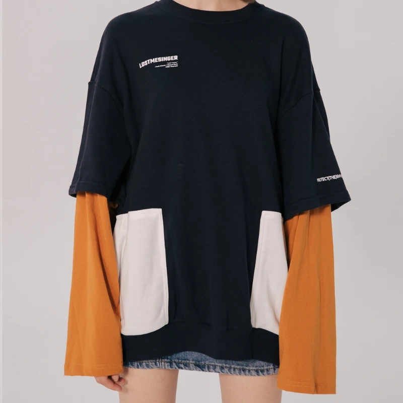

Harajuku Layered Long Sleeve Sweatshirt Text Pattern Color-blocked Pullover Side Pocket