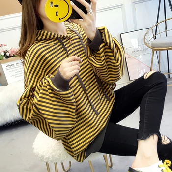 

HAYBLST Brand Women Hoodies Autumn Winter Fashion Striped Patchwork Kawaii Loose Tops Plus Size XL Korean Style Womens Clothing