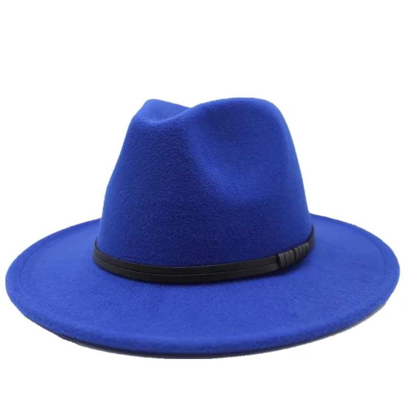 Royal blue Seioum черный шерстяной войлок Джаз Fedora шапки со шнурками Пряжка декор для женщин унисекс Панама с широкими полями Трилби ковбойская Кепка Панама - Цвет: Royal blue