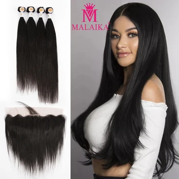 

MALAIKA 4pcs Straight Hair Bundles With Frontal Peruvian 13x4 Lace Front Human Hair Bundles With Closure