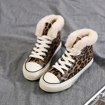 

Women Winter Canvas Shoes Fur Lined Leopard Print Girls Casual Sneakers for Winter Warm Plush Inside Good Quality High Top Tiger