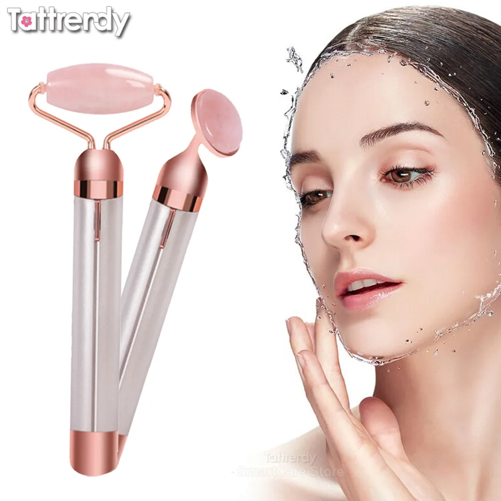 

2 in 1 Electric Rose Quartz Roller Slimming Face Massager Lifting Machine Natural Stone Facial Massage Green Jade Roller Set