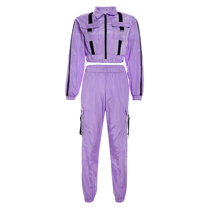 Darlingaga уличная одежда, комплект из двух предметов, спортивный костюм для женщин, Повседневная Осенняя укороченная куртка и штаны, одинаковые комплекты, Лоскутная одежда, спортивная одежда - Цвет: Purple