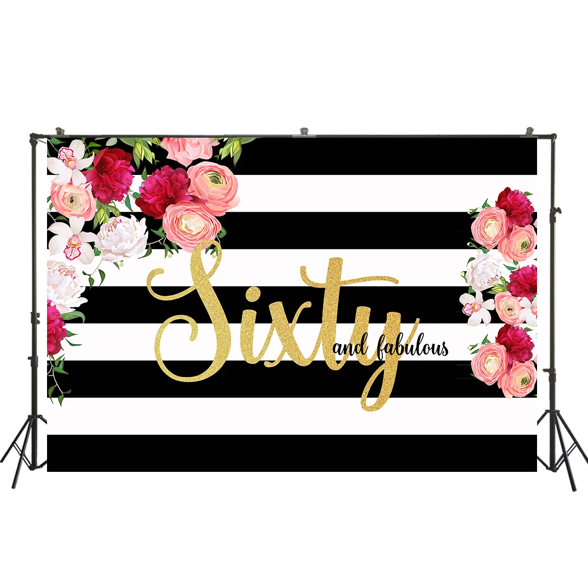 Sixty and Fabulous Birthday Backdrop Black White Stripes Floral Background Vinyl 60th Party for Photo W-2287 | Электроника
