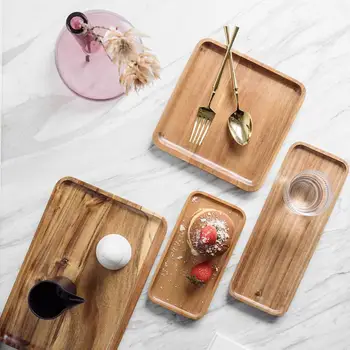 

Wood Tray Square Rectangle Dessert Serving Bread Heat Resistant Home Tea Coffee Cup Pad Fruit Plate Vintage Food Drying Dishes