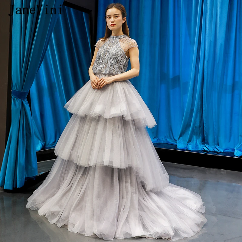 

JaneVini 2020 Elegant Light Gray Ruffles Layered Arabic Long Evening Dresses Halter Beading A Line Puffy Tulle Women Formal Gown