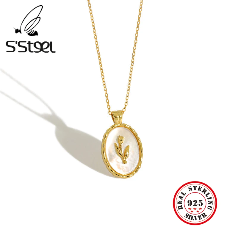 

S'STEEL Shell Necklaces 925 Sterling Silver For Women Korean Geometric Tulip Pendants Necklace Colgante Plata 925 Mujer Jewelry