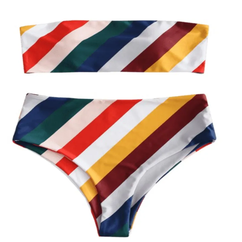 2020 new rainbow striped print bikini women's summer fashion beach swimsuit high waist swimsuit Bquini