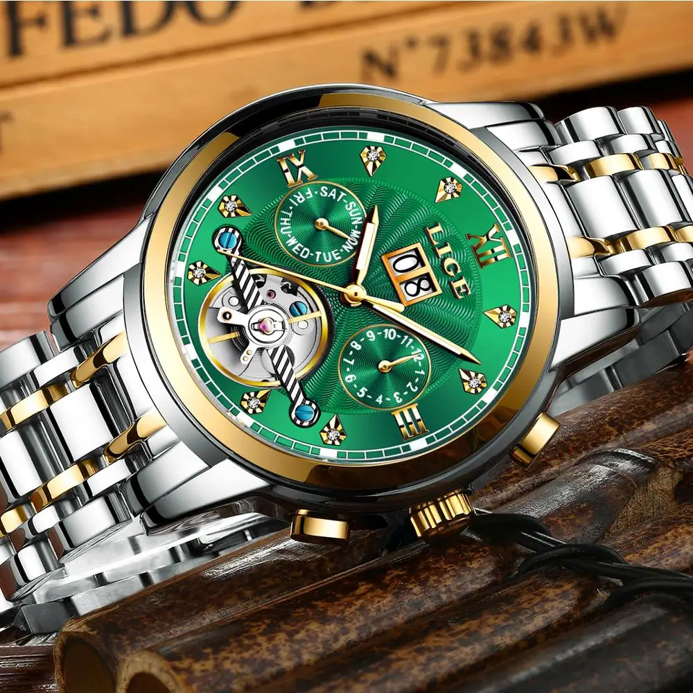 LIGE оригинальные мужские часы автоматические механические Tourbillon Роскошные из