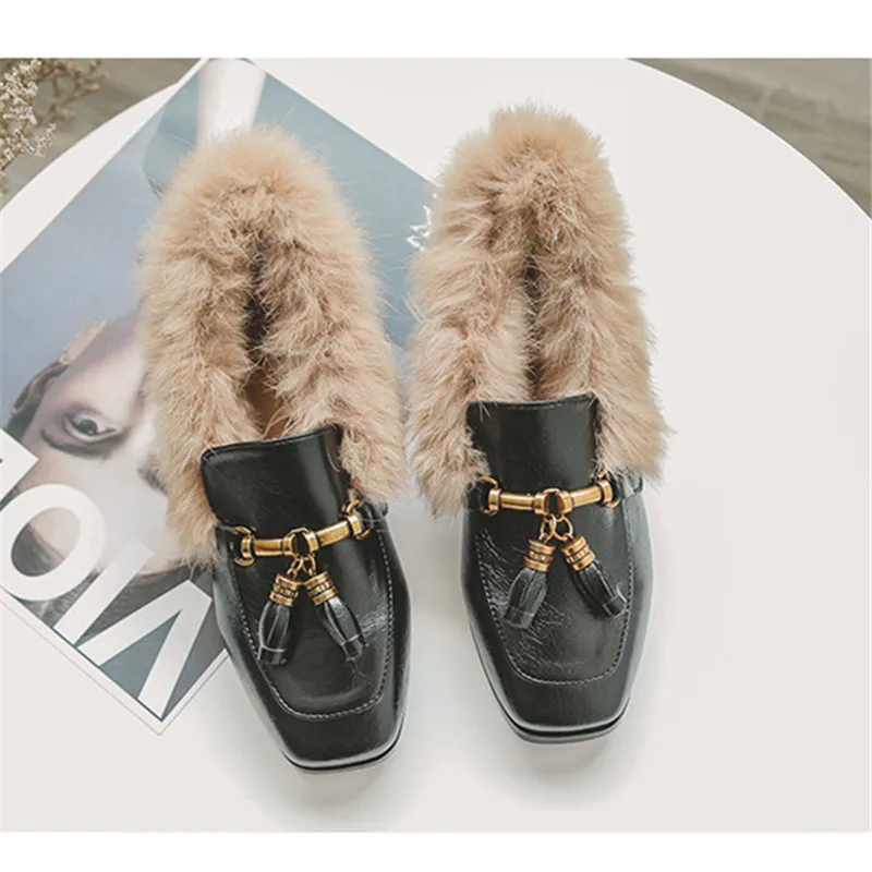 Женские босоножки; коллекция года; зимние теплые туфли-лодочки; женская обувь; модная повседневная обувь из искусственного меха в Корейском стиле