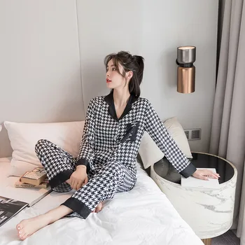 

Black Houndstooth Autumn New 2PCS Pajamas Sets Sexy Notched Loose Full Sleeve&Pant Pyjamas Lady Sleep Suit Sleepwear Nightwear