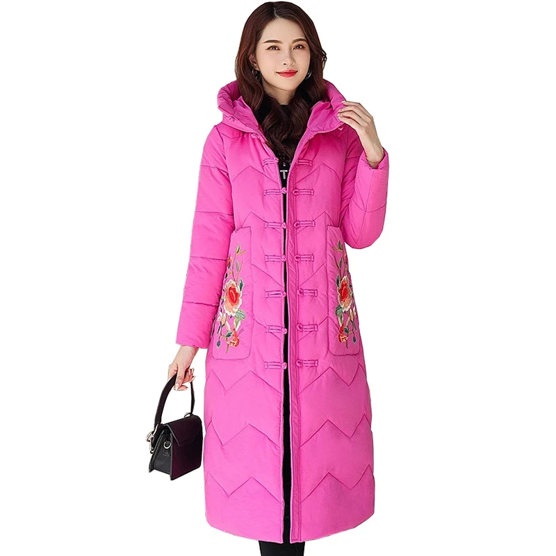 Женская зимняя парка в китайском стиле Длинная утепленная куртка с капюшоном и