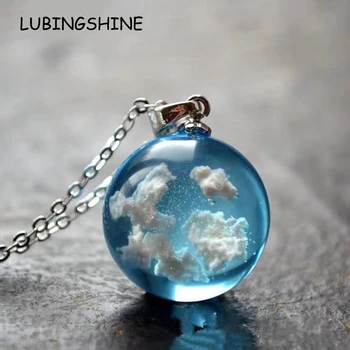 

Aesthetic Blue Sky White Cloud Transparent Round Glass Ball Pendant Luminous Chain Necklace Chokers for Women Jewelry Gift