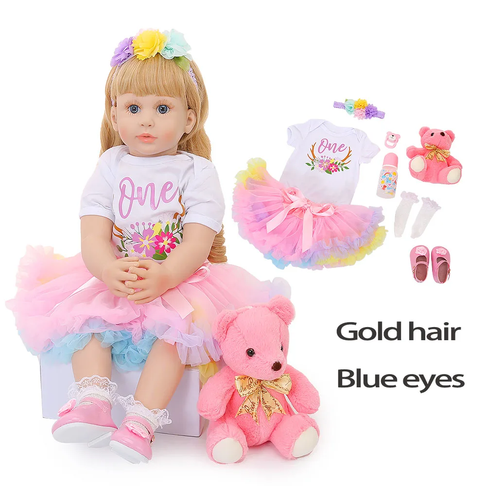 60 см Reborn Baby Doll Высокое качество принцесса куклы восхитительные реалистичные младенцы кукла Новорожденные длинные волосы реалистичные Bonecas год - Цвет: gold hair blue eyes