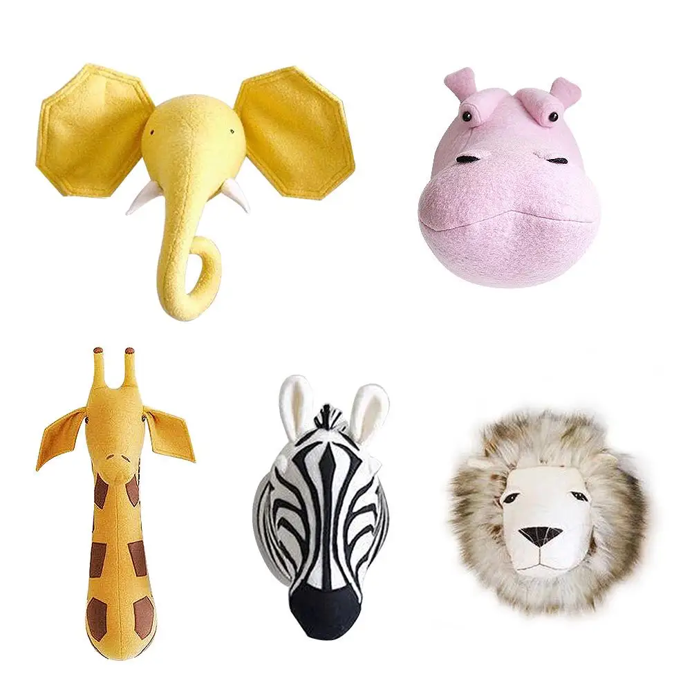 

3D Animal Head Plush Doll Wall Mount Stuffed Elephant Giraffe Zebra Lion Toy Wall Hanging Toy Baby Room Kindergarten Decoration