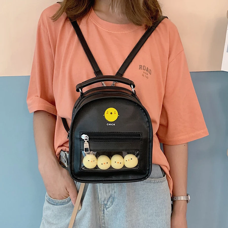 

Cute Yellow Chicken Women Backpack PU Shoulder Bag Funny Cartoon Animal Printed Schoolbag for Student Girl Small Bookbags 2019
