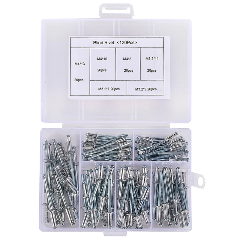 

120Pcs/Set M3.2*7/9/11 M4*8/10/13 Gb12618 Aluminium Blind Rivets Nail Decoration Rivets For Furniture Assortment Kit Hw021