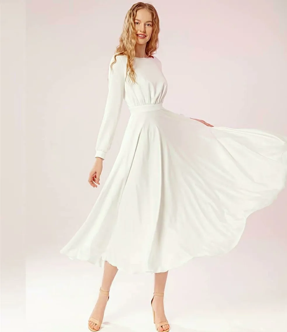 

Elegant Short O-Neck Wedding Dresses A-Line V-Back Ivory Tea Length Robes De Mariée Bridal Gown For Women