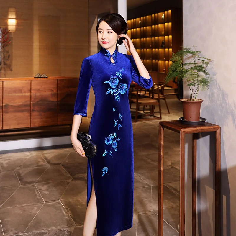

Vintage Button Sexy Women Qipao Evening Party Gown Embroidery Flower Cheongsam Classic Half Sleeve Chinese Traditional Dress