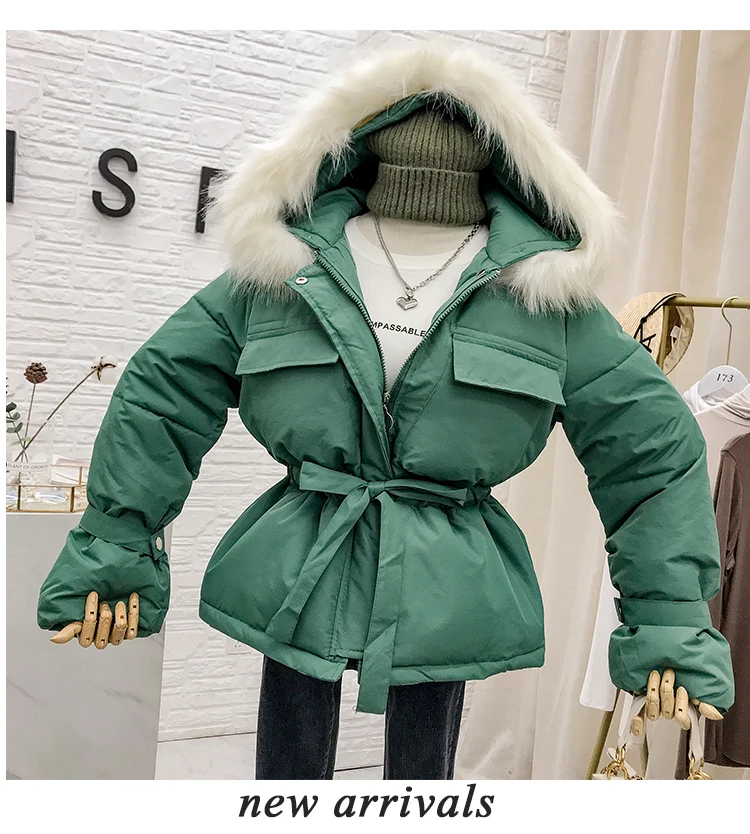 Mooirue зима Harajuku уличная парка с капюшоном меховой воротник высокая Талия пояса теплая верхняя одежда корейский стиль женские куртки пальто