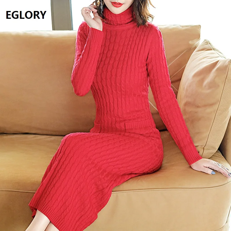 ^*Best Offers Turtleneck Long Sweater Dress 2019 Autumn Winter Red Black Blue Purple Dress Women Twist Knitted Long Sleeve Warm Dress Pullover
