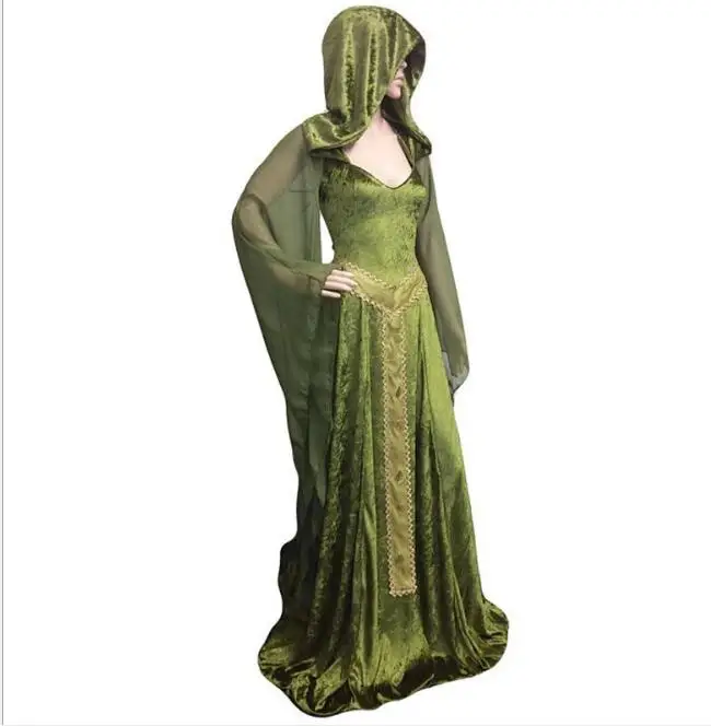 Костюм эльфа с изображением леса, сказочного эльфа, платье макси со шлейфом для взрослых женщин, кельтская принцесса, языческая ведьма, свадебное платье с капюшоном, халат для леди, зеленый цвет - Цвет: green