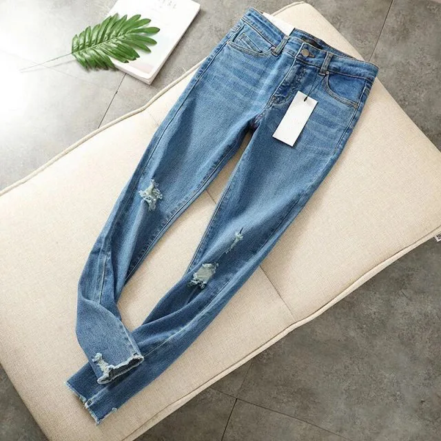 Женские Синие рваные эластичные джинсы Denimn с потертой деталью-осень женские джинсы Denimn