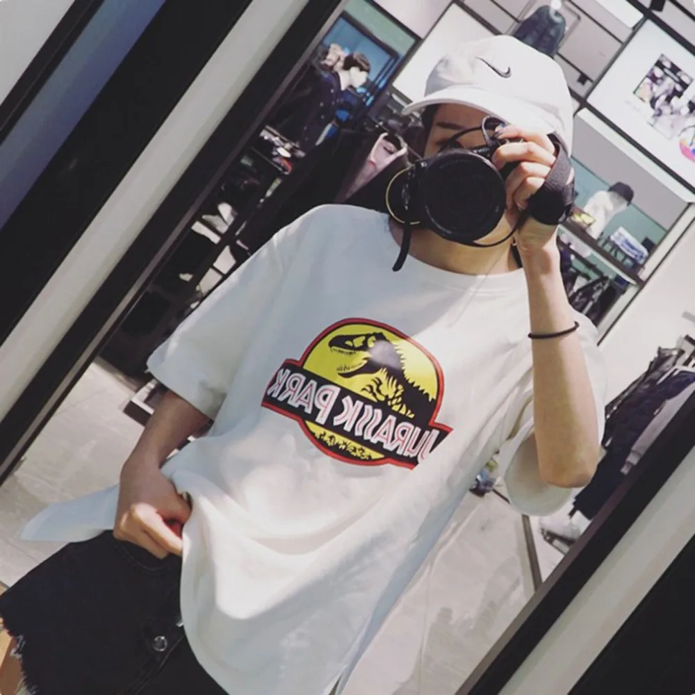 Summer Women Funny Tshirts Dinosaur Pattern Letter Print Cotton Short Sleeve Female Tee Tops Casual Loose Type Top Shirts
