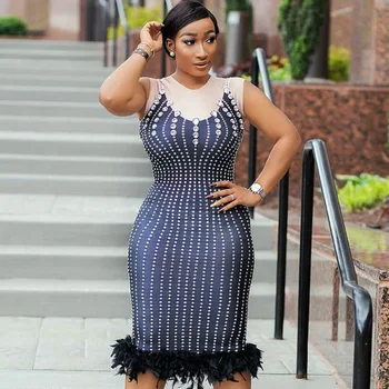 

2020 New Arrival Summer Elegent Fashion Style African Women O-neck Plus Size Feather Beading Bodycon Sexy Backless Bandage Dress